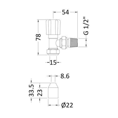 [BHRV003] Angled Round Radiator Valves, Sold in Pairs - Chrome - Technical Drawing