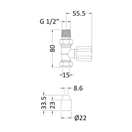 [BHRV004] Straight Round Radiator Valves, Sold in Pairs - Chrome - Technical Drawing