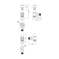 [BHRV202] Camden Angled Thermostatic Radiator Valve and Lockshield, Choice of Finish - Technical Drawing