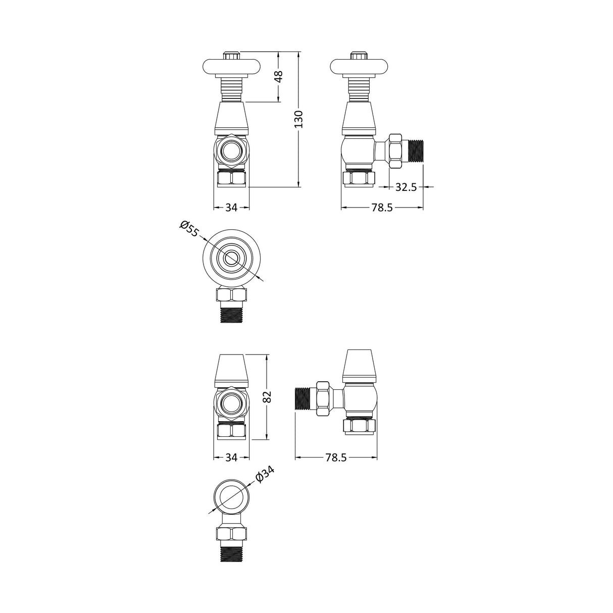 [BHRV203] Heating Accessories Camden Angled Thermostatic Valve, Satin Nickel - Technical Drawing