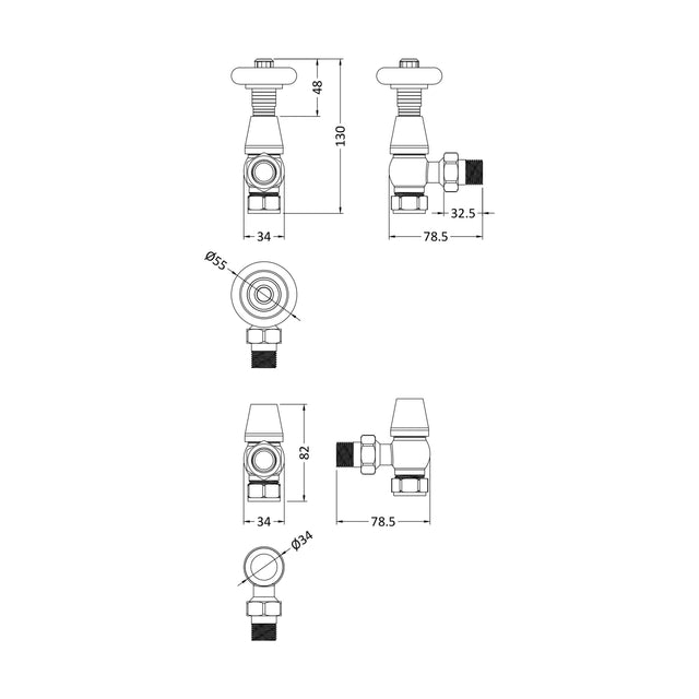 [BHRV203] Heating Accessories Camden Angled Thermostatic Valve, Satin Nickel - Technical Drawing