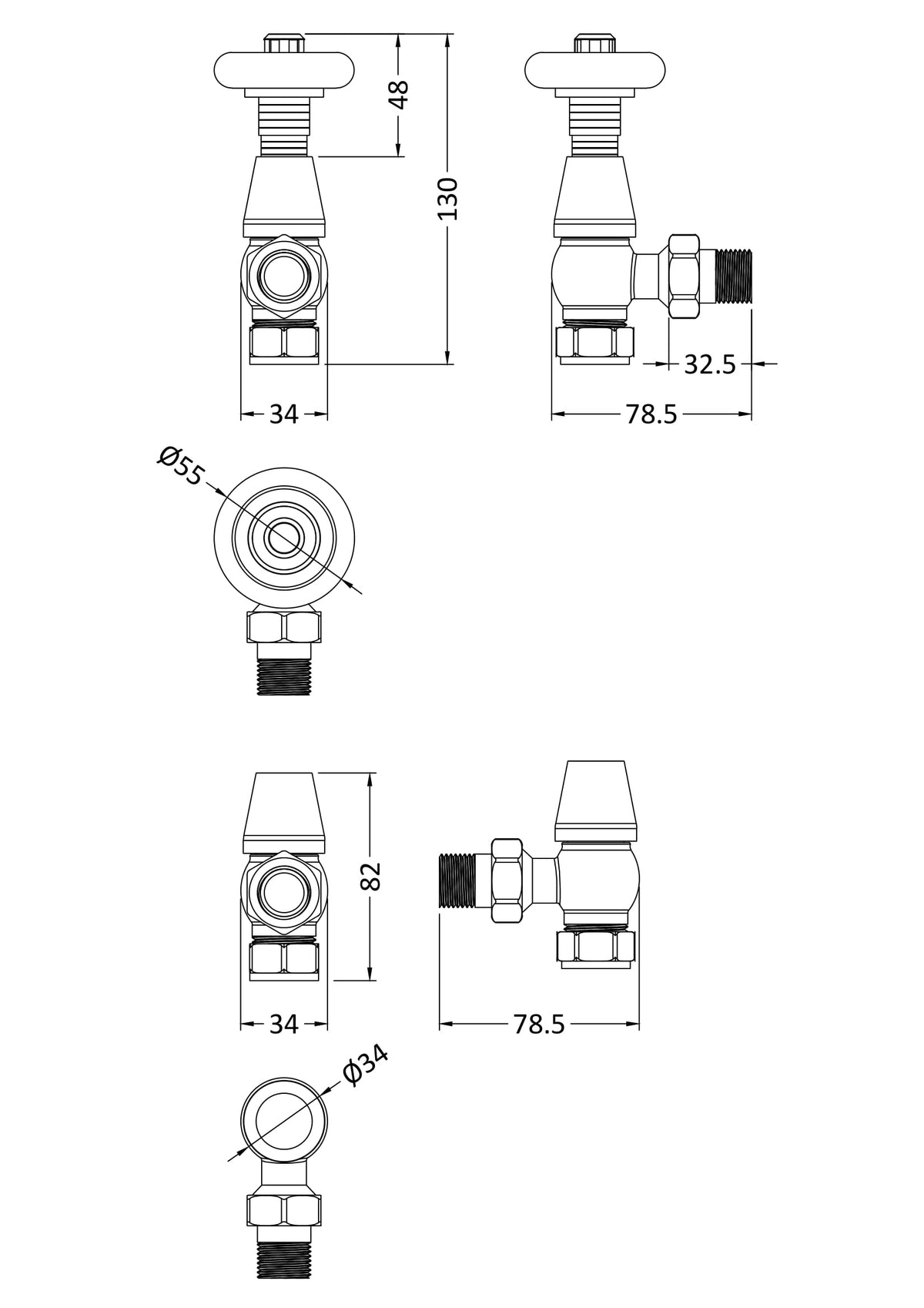 [BHRV203] Camden Angled Thermostatic Radiator Valve and Lockshield, Choice of Finish - Technical Drawing