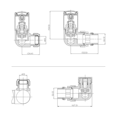 [BHRV309] Balterley Contemporary Corner Minimalist Dual Fuel Round Radiator Valves (Pairs) - Chrome - Technical Drawing