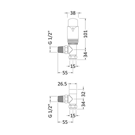 [BHRV315] Balterley Contemporary Luxury Angled Thermostatic Radiator Valves (Pairs) - Chrome - Technical Drawing