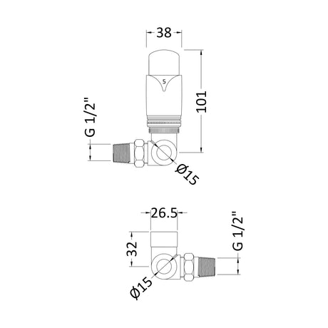 [BHRV317] Balterley Contemporary Luxury Corner Thermostatic Radiator Valves (Pairs) - Chrome - Technical Drawing
