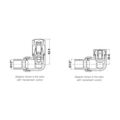 [BHRV321] Balterley Contemporary Corner Minimalist Round Radiator Valves (Pairs) - Chrome - Technical Drawing