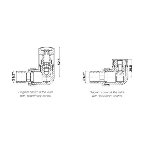[BHRV321] Balterley Contemporary Corner Minimalist Round Radiator Valves (Pairs) - Chrome - Technical Drawing