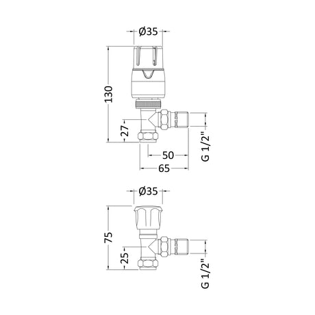 [BHRV326] Balterley Contemporary Angled Thermostatic Radiator Valves (Pairs) - Chrome - Technical Drawing