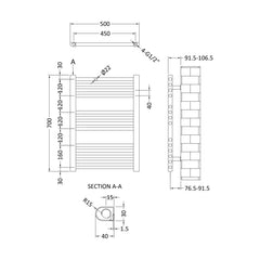 [BHSL103] Balterley Contemporary Heated Vertical Towel Rail Radiator & Straight Rails, 1028 BTU, 700mmx500mm Bathroom Heating - Anthracite - Technical Drawing