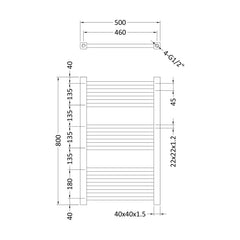 [BHSL108] Balterley Contemporary Heated Vertical Towel Ladder Rail with Square Rails, 782 BTU, 800mm x 500mm Bathroom Radiator - Chrome - Technical Drawing