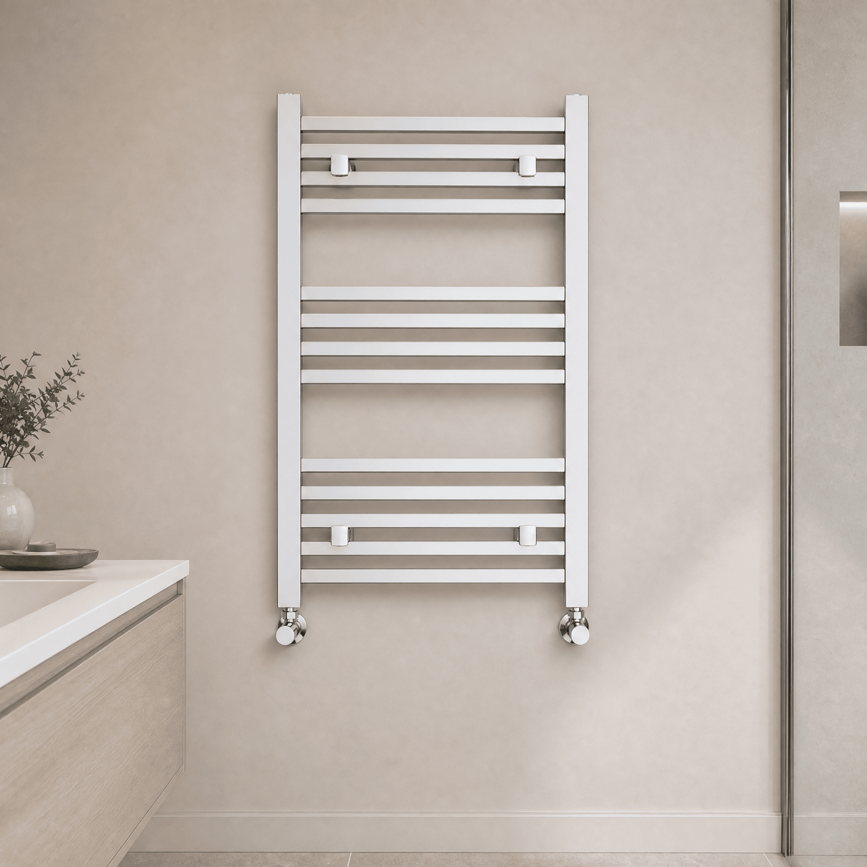 [BHSL108] Harlaston Contemporary Heated Vertical Towel Ladder Rail with Square Rails, Chrome, Choice of Size