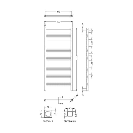 [BHSL151] Electric Vertical Square Towel Rail with 22 Rails - 1110mm x 500mm - 300 Watt - Chrome - Technical Drawing