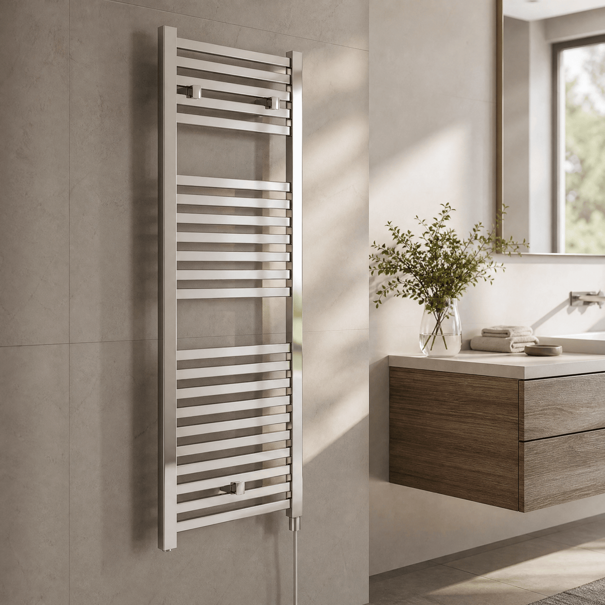 [BHSL151] Electric Vertical Square Towel Rail with 22 Rails - 1110mm x 500mm - 300 Watt - Chrome - Lifestyle 3