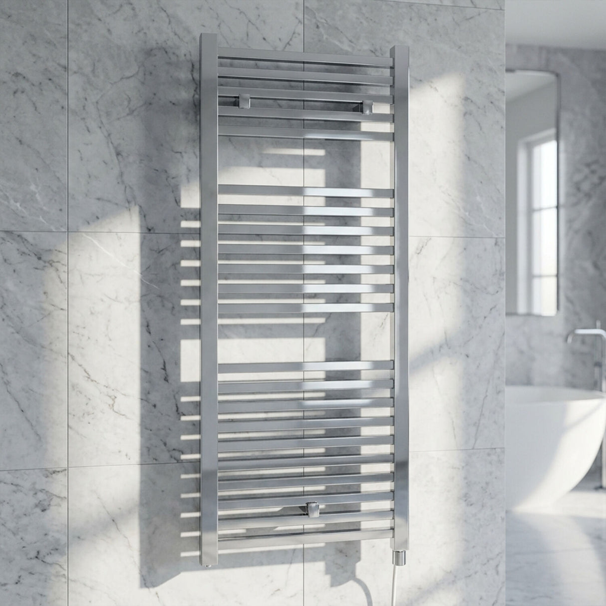 [BHSL151] Electric Vertical Square Towel Rail with 22 Rails - 1110mm x 500mm - 300 Watt - Chrome - Silo