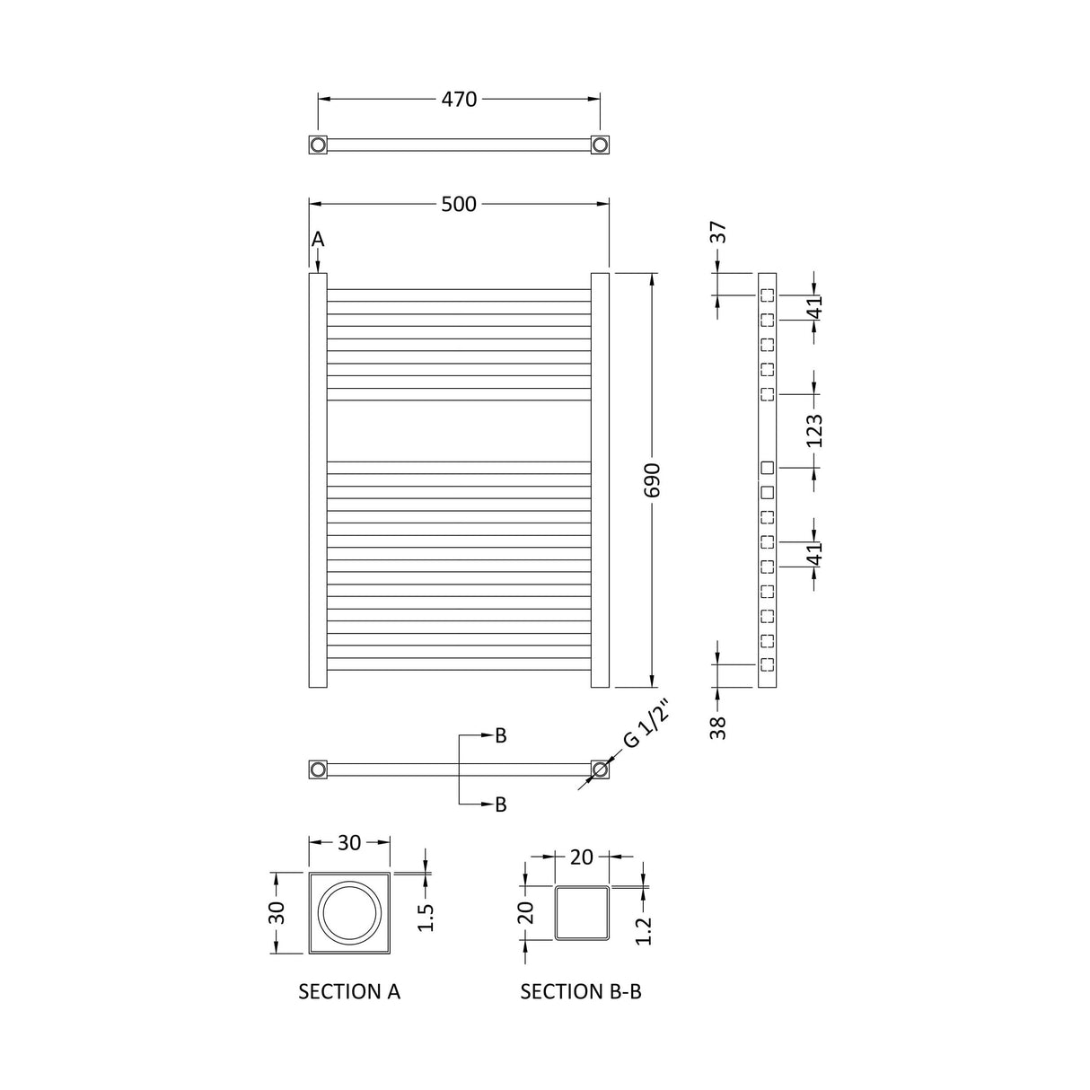 [BHSL152] Electric Vertical Square Towel Rail with 14 Rails - 690mm x 500mm - 300 Watt - Anthracite - Technical Drawing