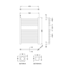 [BHSL152] Electric Vertical Square Towel Rail with 14 Rails - 690mm x 500mm - 300 Watt - Anthracite - Technical Drawing