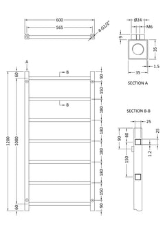 [BHSL376] Contemporary Wall Mounted Heated Towel Rail with Square Rails, Choice of Size - Line Drawing