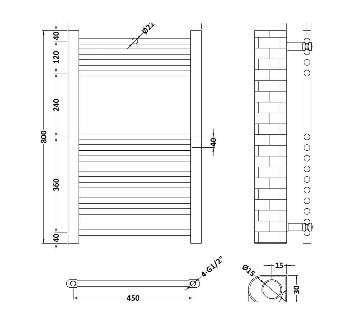 [BHSL45080] Round Straight Towel Radiator 800x500 - Technical Drawing