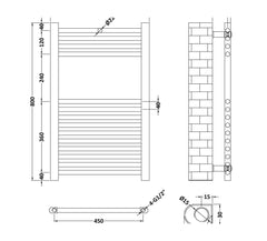[BHSL45080] Round Straight Towel Radiator 800x500 - Technical Drawing