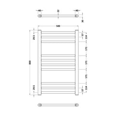 [BHSL803] Straight Towel Radiator with Round Rails 800mm x 500mm, Brushed Brass - Technical Drawing