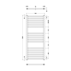[BHSL805] Straight Towel Radiator with Round Rails 1200mm x 500mm, Brushed Brass - Technical Drawing