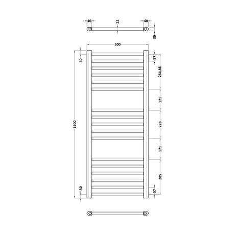 [BHSL805] Straight Towel Radiator with Round Rails 1200mm x 500mm, Brushed Brass - Technical Drawing