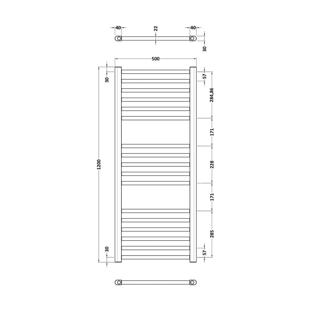 [BHSL805] Straight Towel Radiator with Round Rails, Brushed Brass - Choice of Size - Technical Drawing