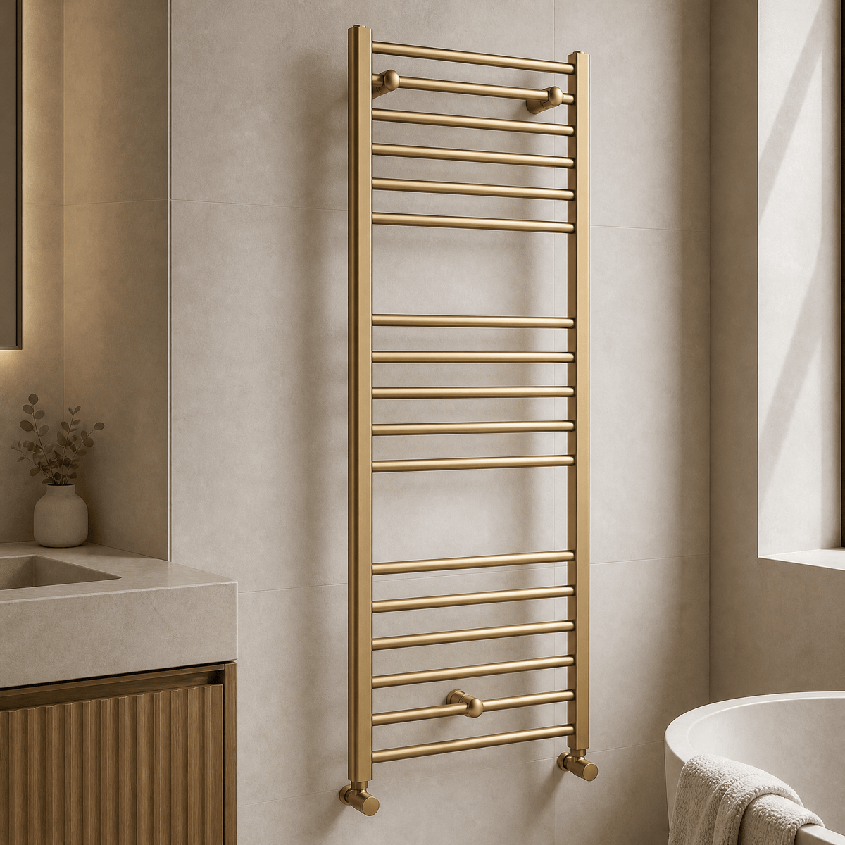 [BHSL805] Straight Towel Radiator with Round Rails, Brushed Brass - Choice of Size - Lifestyle 1