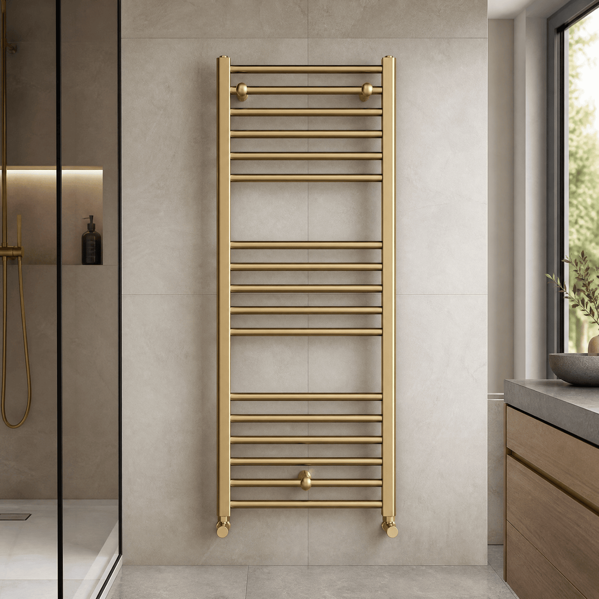 [BHSL805] Straight Towel Radiator with Round Rails, Brushed Brass - Choice of Size - Lifestyle 2