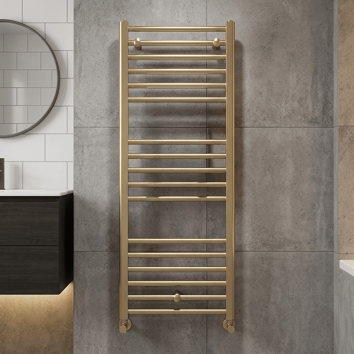 [BHSL805] Straight Towel Radiator with Round Rails, Brushed Brass - Choice of Size - Silo