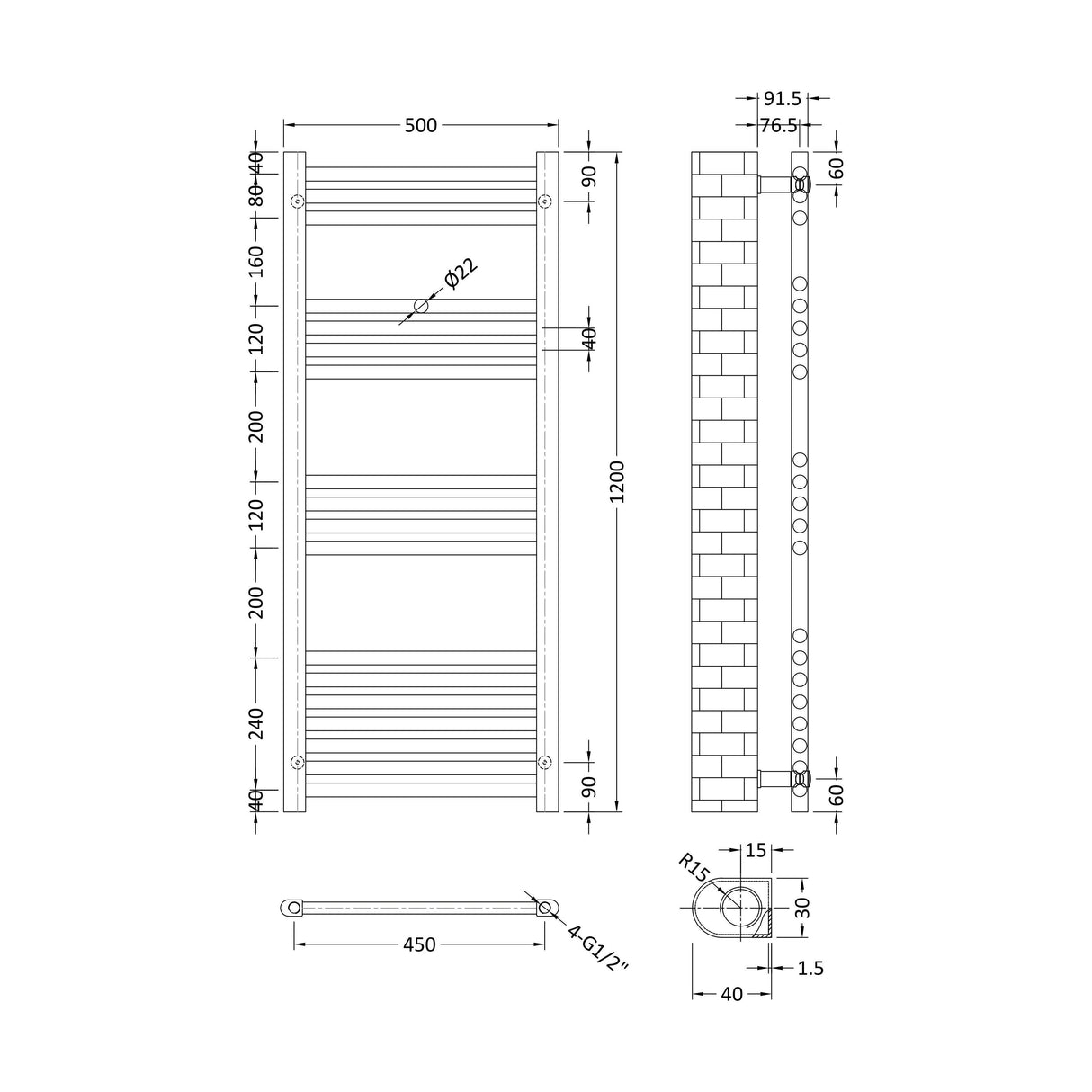 [BHSL85012] Balterley Straight Towel Radiator - 1200 x 500mm - Technical Drawing
