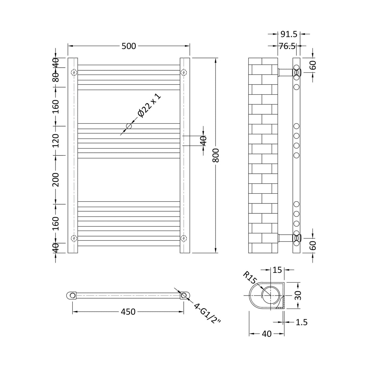 [BHSL85080] Balterley Straight Towel Radiator - 800 x 500mm - Technical Drawing