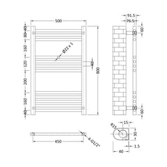 [BHSL85080] Balterley Straight Towel Radiator - 800 x 500mm - Technical Drawing