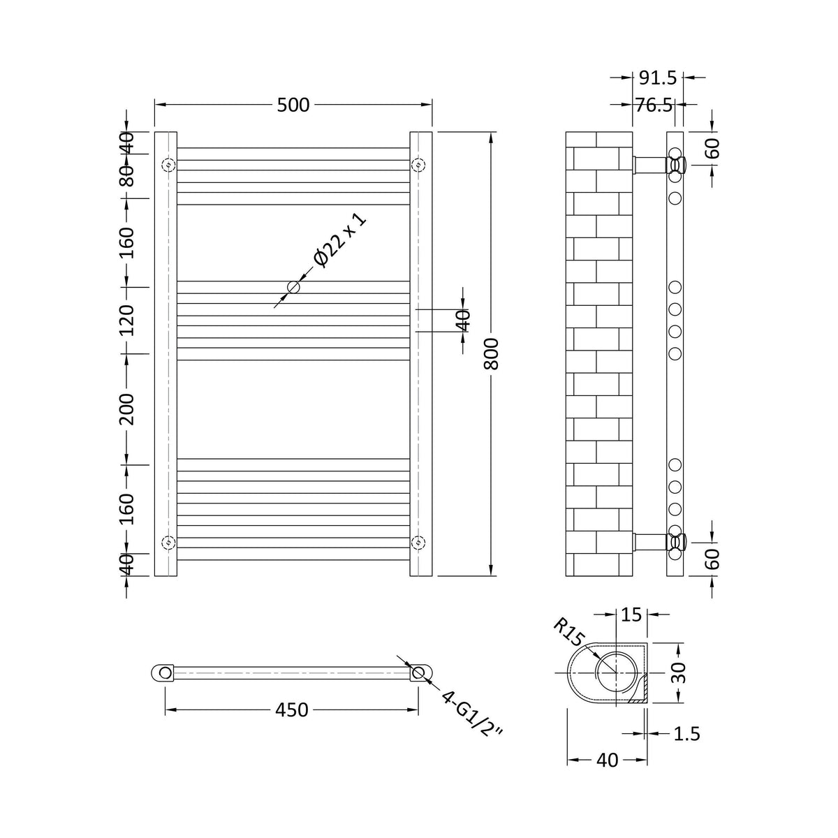 [BHSL85080] Balterley Straight Towel Radiator - Choice of Size and Colour - Technical Drawing