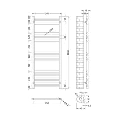 [BHSL95012] Balterley Straight Towel Radiator - 1200 x 500mm - Technical Drawing