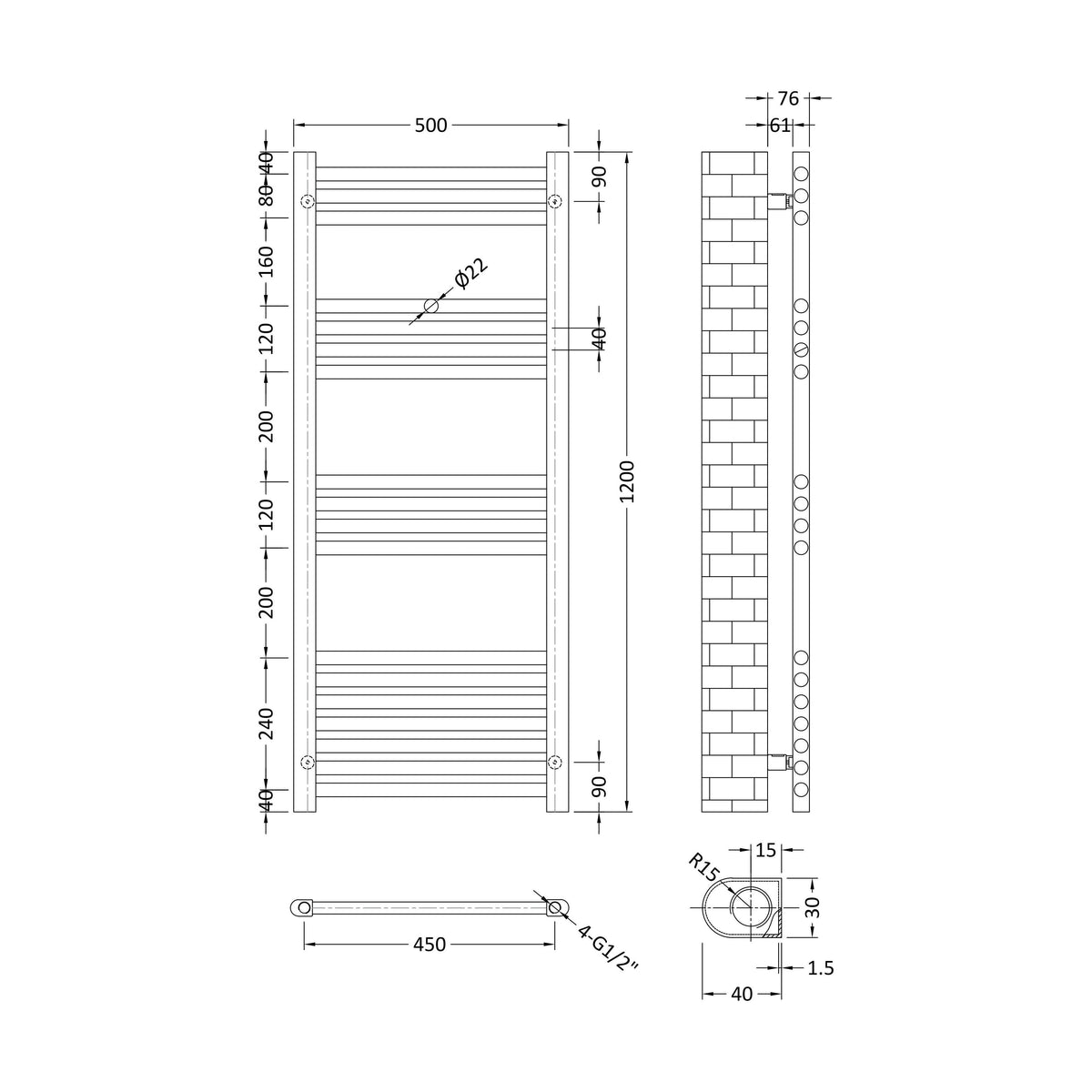 [BHSL95012] Balterley Straight Towel Radiator - Choice of Size and Colour - Technical Drawing