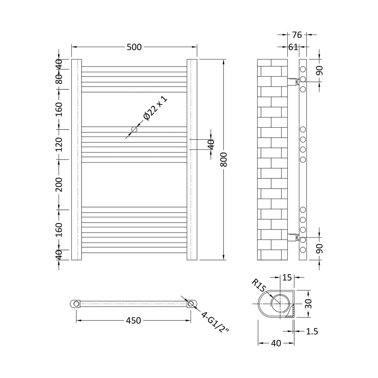 [BHSL95080] Balterley Straight Towel Radiator - 800 x 500mm - Technical Drawing