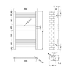 [BHSL95080] Balterley Straight Towel Radiator - 800 x 500mm - Technical Drawing