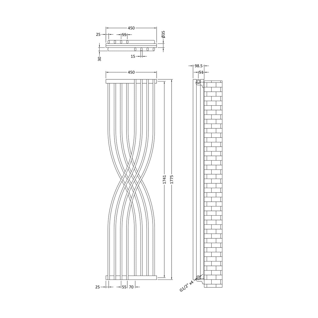 [BHSPA94] Balterley Spirit Curved Designer Radiator, 1775mm x 450mm - Gloss White - Technical Drawing