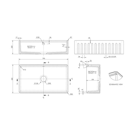 [BKBU18132WBG] Balterley 1 Tap Hole Single Bowl 795 x 460 x 220mm Fireclay White Butler Sink With Ledge, Wire Grid And Chopping Board - Technical Drawing