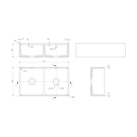 [BKBU181AF32DWBG] Balterley 2 Tap Holes Double Bowl 795 x 460 x 220mm Fireclay White Traditional Butler Sink - Technical Drawing