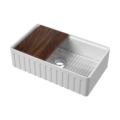 [BKBUF18132WBG] Balterley 1 Tap Hole Single Bowl 795 x 460 x 220mm Fireclay White Fluted Butler Sink With Ledge, Wire Grid And Chopping Board - Cutout