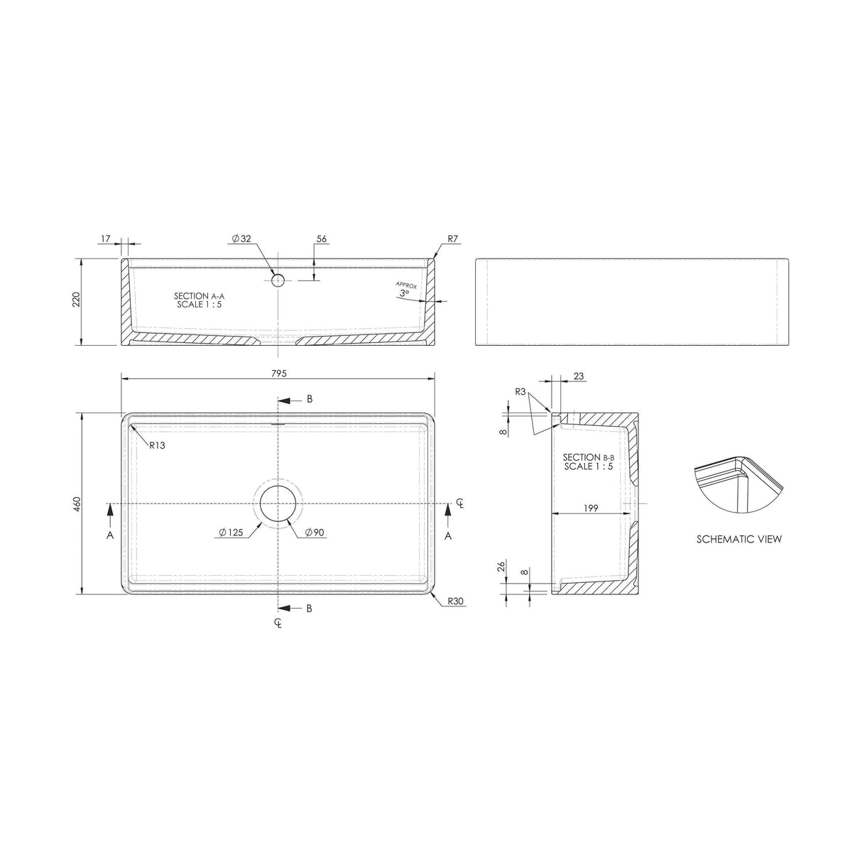 [BKBUF18132WBG] Balterley 1 Tap Hole Single Bowl 795 x 460 x 220mm Fireclay White Fluted Butler Sink With Ledge, Wire Grid And Chopping Board - Technical Drawing