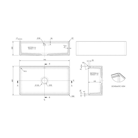 [BKBUF18132WBG] Balterley 1 Tap Hole Single Bowl 795 x 460 x 220mm Fireclay White Fluted Butler Sink With Ledge, Wire Grid And Chopping Board - Technical Drawing