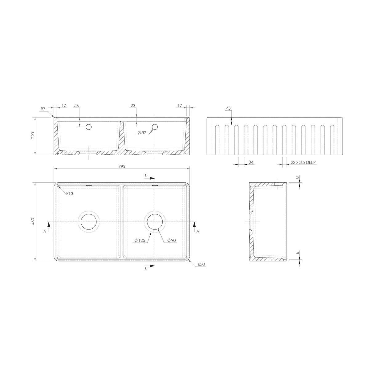 [BKBUF181AF32DWBG] Balterley 2 Tap Holes Double Bowl 795 x 460 x 220mm Fireclay White Fluted Butler Sink With Ledge, Wire Grid And Chopping Board - Technical Drawing