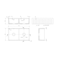 [BKBUF181AF32DWBG] Balterley 2 Tap Holes Double Bowl 795 x 460 x 220mm Fireclay White Fluted Butler Sink With Ledge, Wire Grid And Chopping Board - Technical Drawing