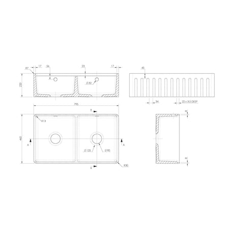 [BKBUF181AF32DWBG] Balterley 2 Tap Holes Double Bowl 795 x 460 x 220mm Fireclay White Fluted Butler Sink With Ledge, Wire Grid And Chopping Board - Technical Drawing