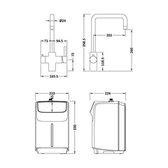 [BKHT1205DL] Fulford 3 in 1 Boiling Water Tap Kit, Instant Hot Water Tap with Dual Lever Handles, Tank and Filter - Choice of Colour - Technical Drawing