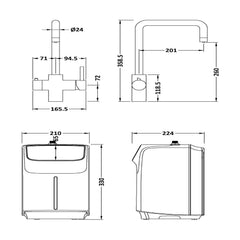 [BKHT405DL] Fulford 3 in 1 Boiling Water Tap Kit, Instant Hot Water Tap with Dual Lever Handles, Tank and Filter - Choice of Colour - Technical Drawing