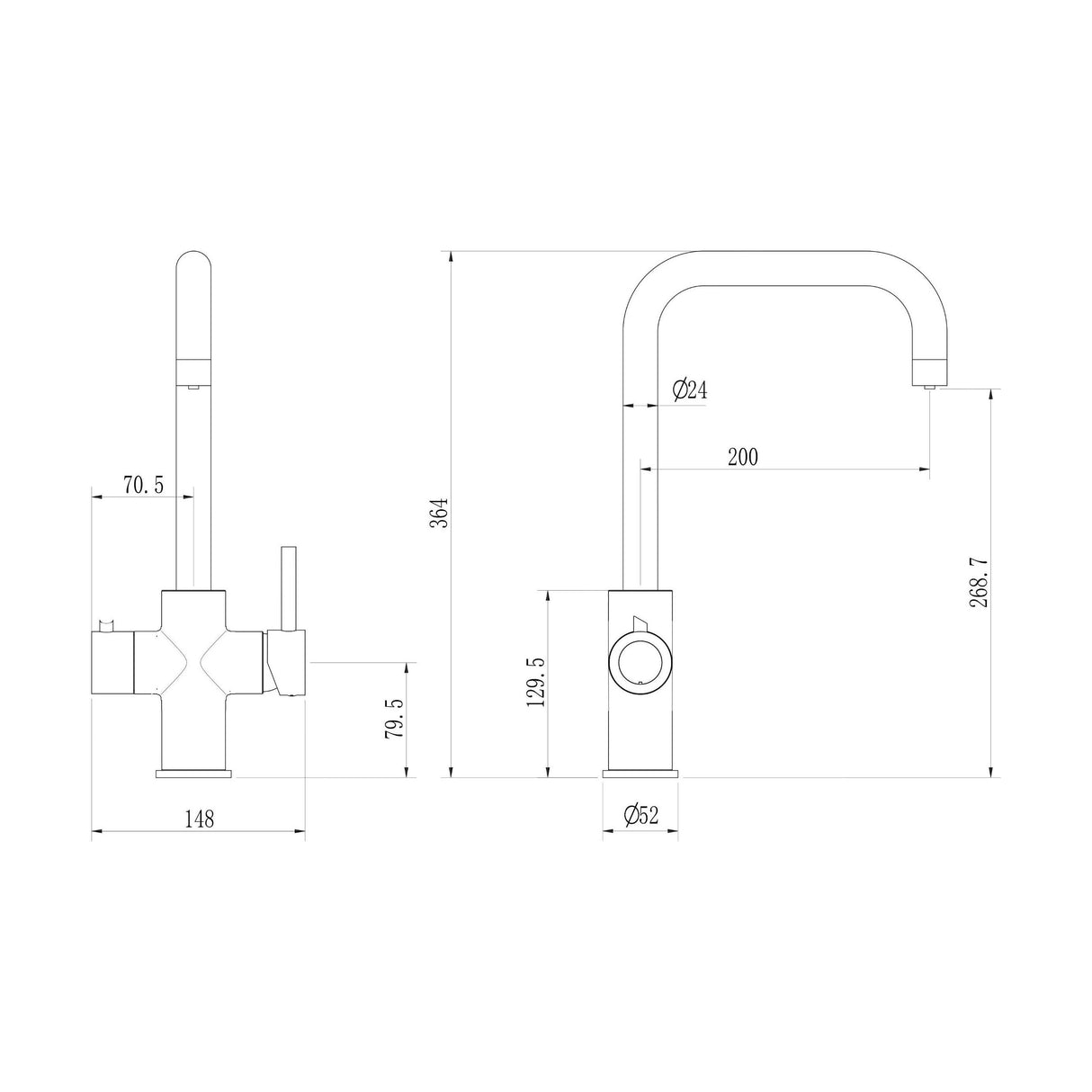 [BKHT705DL] Fulford 3 in 1 Boiling Water Tap Kit, Instant Hot Water Tap with Dual Lever Handles, Tank and Filter - Choice of Colour - Technical Drawing